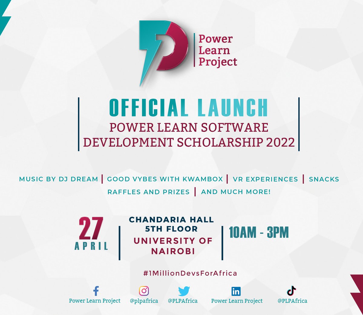 PLPAfrica's tweet image. It's official! Our journey towards building Africa's tech powerhouse opens to you, our power community, on 27.4.2022.
Register here: bit.ly/3ven0RV
to attend! 🚀⚡️
#PowerLearnProject to #1MillionDevs4Africa #PLPLaunch #techskills #africatechrising #techeducation