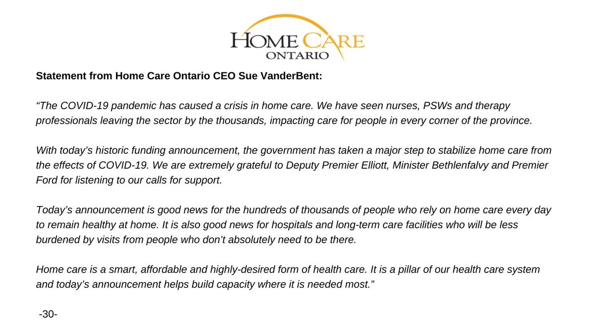 Home Care Ontario’s comment on today’s historic home care funding announcement. #HomeCareIsHealthCare #ONpoli @celliottability @PBethlenfalvy