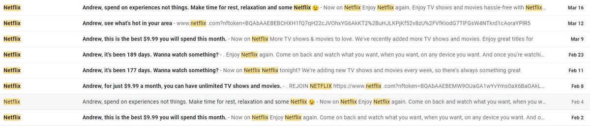 QuaglonTV's tweet photo. For those of you cancelling your Netflix accounts, you'll soon get to enjoy the increasingly desperate e-mail spam from them.  

My favorite is how $8.99 wasn't working, so they changed it to $9.99! https://t.co/u8RCX1r228