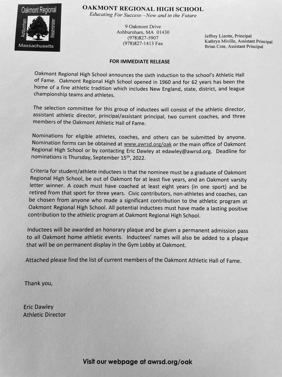ORHSAthletics's tweet image. The 6th induction into our Athletic Hall of Fame will take place in November of 2022. @OakmontRegional @gardner_news @tgsports @SentandEnt @awrsdsupt