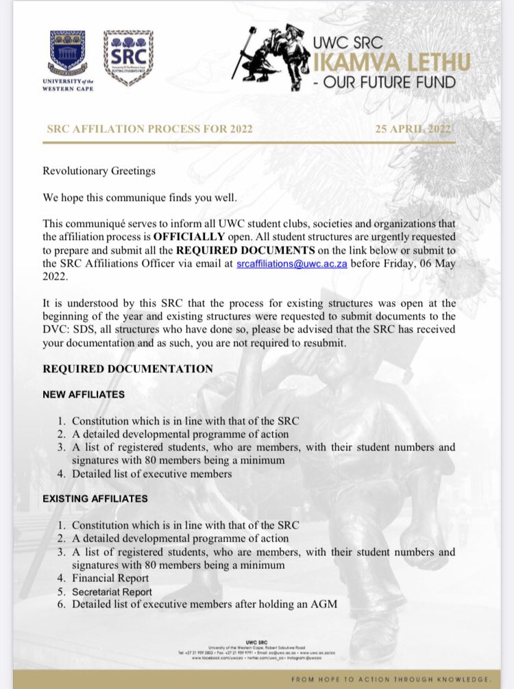 UWCSRC's tweet image. Announcement 📢: The SRC Affiliation process is officially open for 2022 for all student organisations, clubs and Societies, the process closes on the 6th of May 2022. 
The link may be used for Submissions of documents required. 
Link: forms.gle/Trn5NvATeZkqLN…