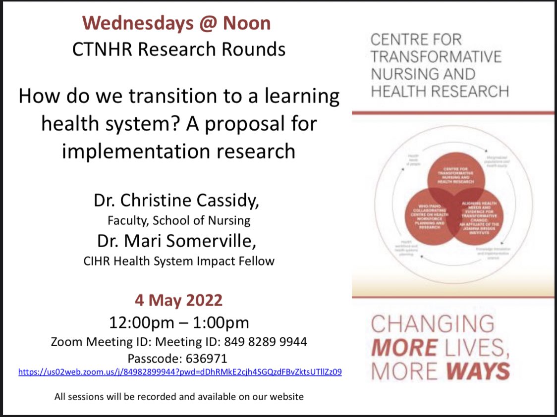 Join me and @cecassidyRN next week as we present our work on #learninghealthsystems with the @DalCTNHR research rounds - May 4 at 12pm AST! @JCurran_lab