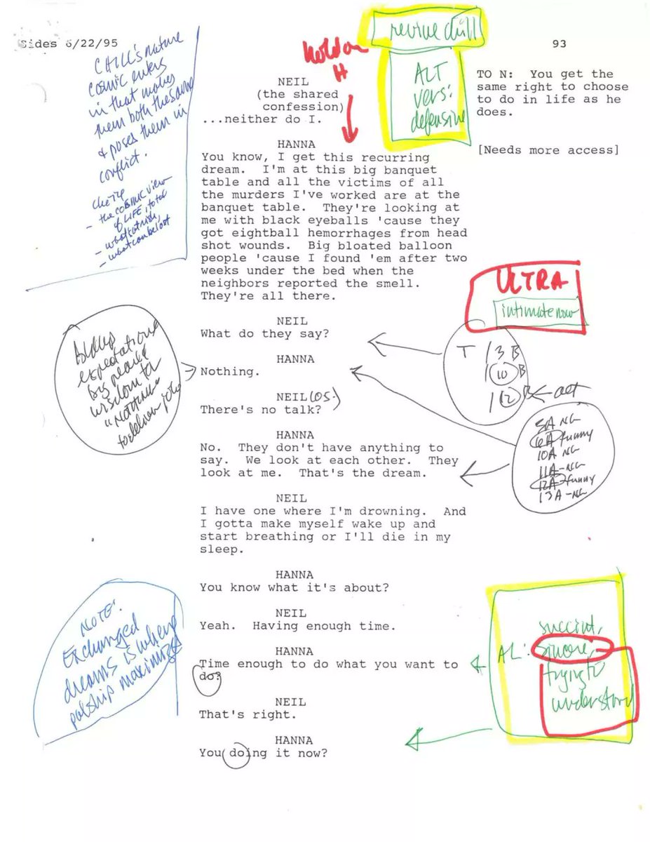 Charles_Rutter_'s tweet photo. @ATRightMovies @Screenplayed From what I recall it was all three (Mann, Pacino, and De Niro). They didn't rehearse the scene, just set up and saw what came out for the most part. 

Some of Mann's annotated script from this scene: https://t.co/CK2zfvJKsf