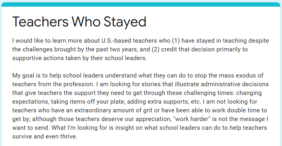 cultofpedagogy's tweet photo. Good morning. I have a request. Details are in the photo below. If this applies to you and you have a few minutes to share your story, click this link: https://t.co/QrpA41A6ch
Survey will stay open until Wednesday. Thanks. https://t.co/tiGX47s5sC