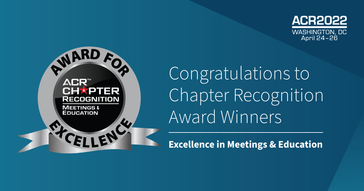 3/ Congratulations to our winners in Meetings &amp; Education: Idaho Radiological Society, Puerto Rico Radiological Society, @CARadiologists, <a href="/DCMRSrads/">DCMRS</a>, Virginia Radiological Society &amp; Massachusetts Radiological Society. 🎉 #ACR2022