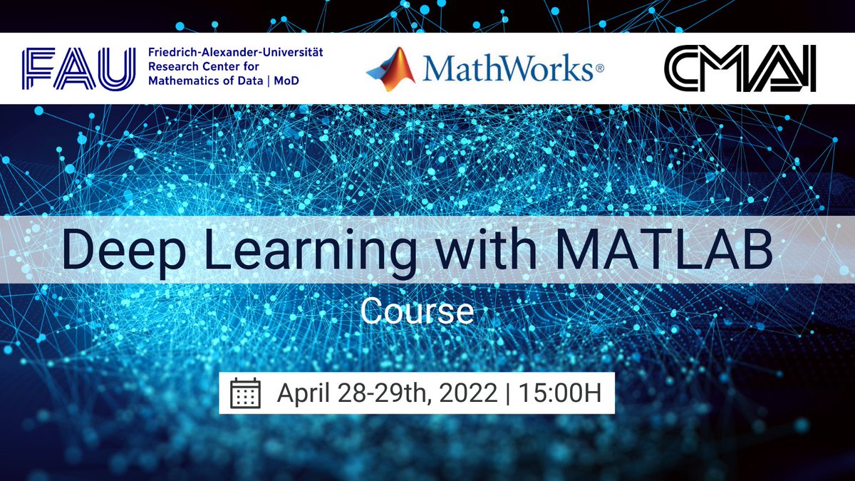 Last days away! 🟢Registration is OPEN now!

Don’t miss our #free course:
"Deep Learning with MATLAB"
Online📌 April 28-29th, 2022

By <a href="/MathWorks/">MathWorks</a> in cooperation with <a href="/uniFAU_mod/">FAU MoD</a> <a href="/UniFAU/">FAU Erlangen-Nbg</a> &amp; CMAI 
mod.fau.eu/events/deep-le…

😀See you on Thursday!
#FAU #FAUMoD #DDS #ai  #deeplearning