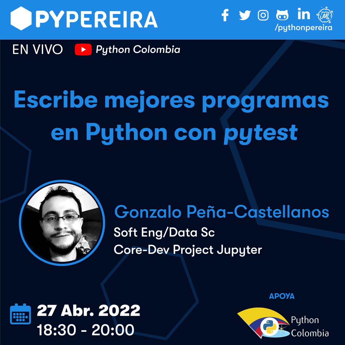 pythonpereira's tweet image. 📣 Queremos invitarlos a nuestro meetup virtual de Abril, en esta ocasión contaremos con una interesante charla 🐍💻:
👉 Escribe mejores programas en Python con pytest por @goanpeca
📆 Inscripciones: bit.ly/pypereira-abri…