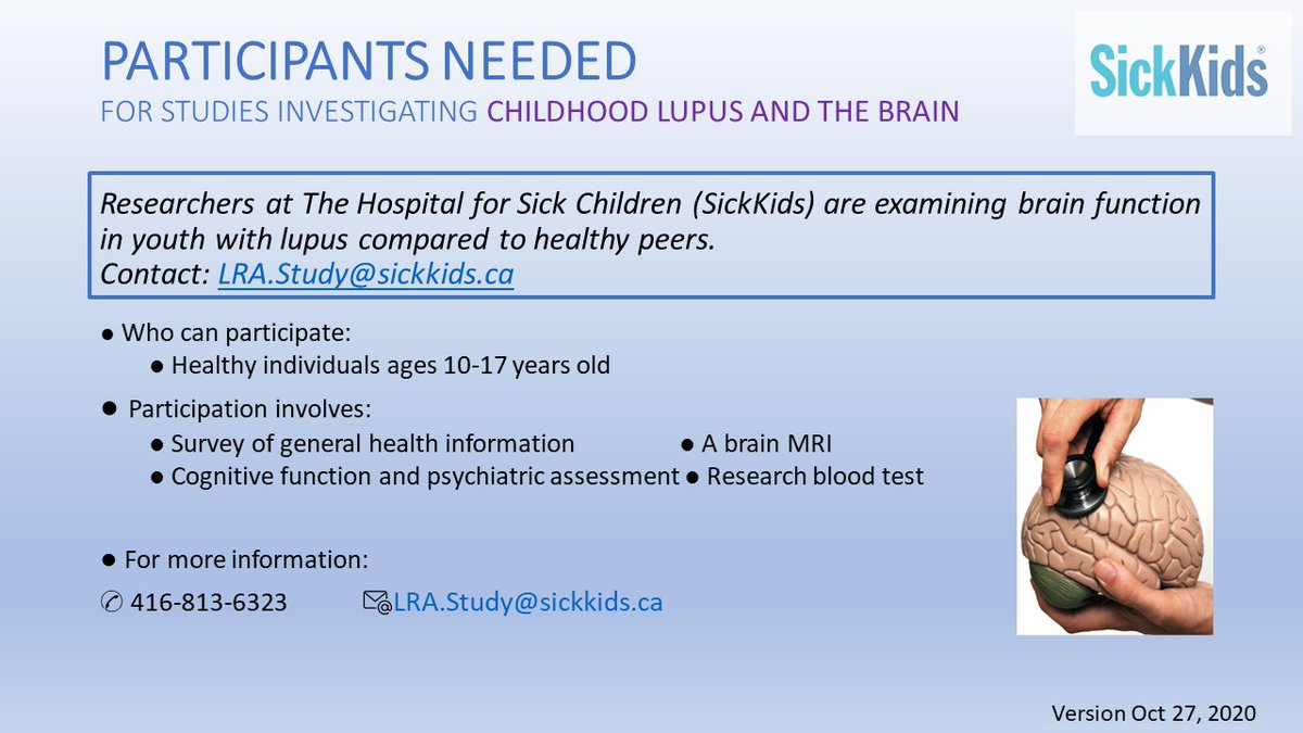 We’re looking for healthy youth volunteers aged 10-17 to take part in a #SKResearch study on examining brain function in youth with #lupus compared to healthy peers. Interested? Email: LRA.Study@sickkids.ca.