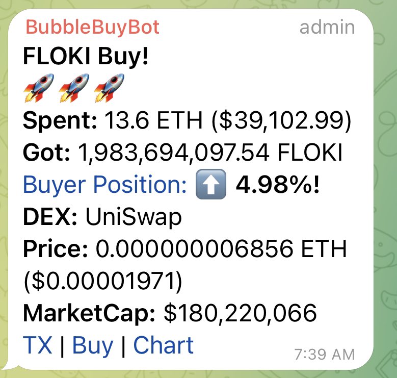 Smart whales adding to their #Floki bags. 

$39,000 buy increased their $Floki position by 5%. 

A 100x from here matches $Doge current market cap 🧠 

#math