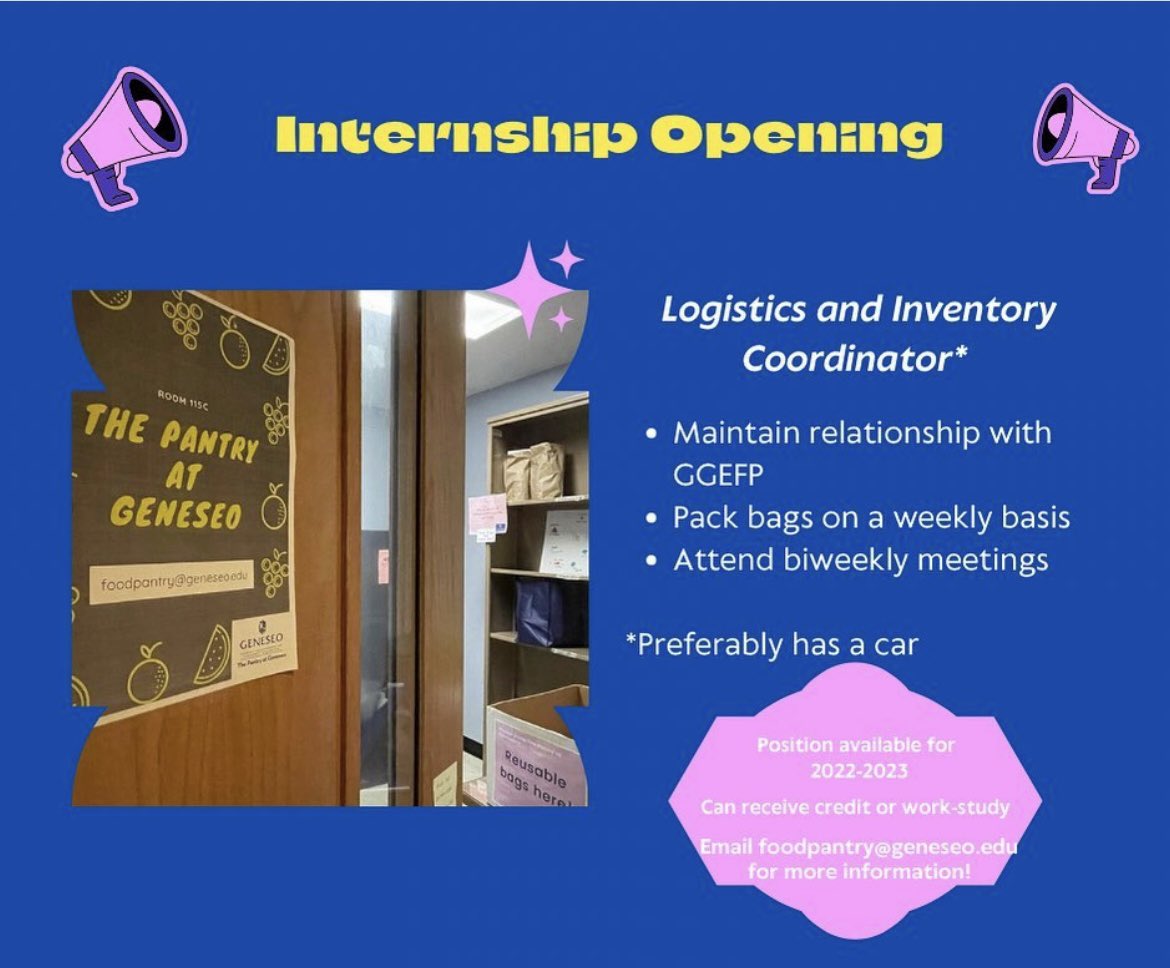 GeneseoVC's tweet image. Internship Opening: Logistics and Inventory Coordinator (through The Pantry at Geneseo). Feel free to leave any questions or check out the flyer for specifics. This is a great way to get involved and help your community!! @SUNYGeneseo