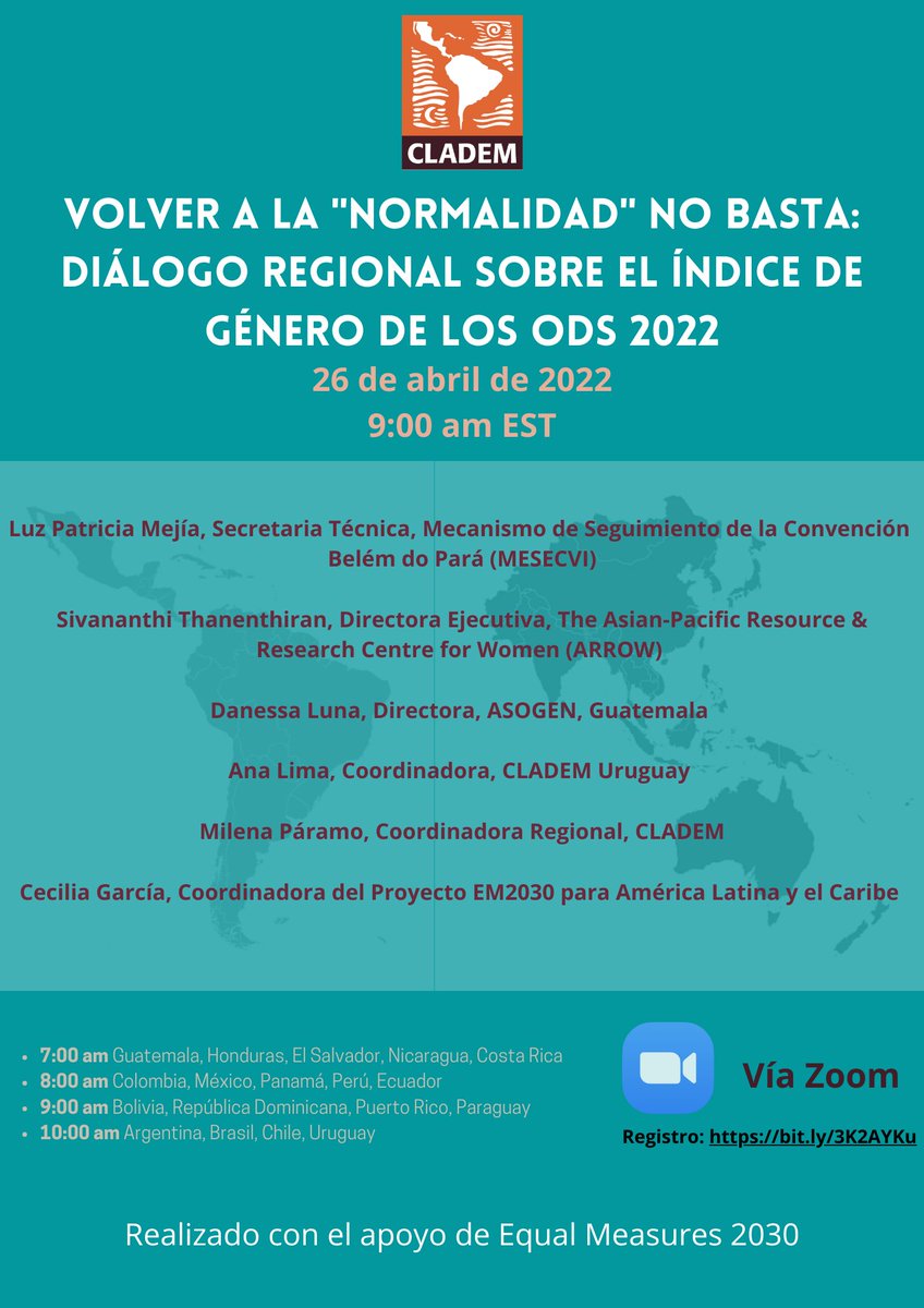 Cecigarciaruiz's tweet photo. 🔊¿Cómo puede la región de América Latina y el Caribe  lograr la #igualdaddegénero para el 2030 usando datos para la incidencia y el cambio?

Les esperamos mañana, 26 de abril, en este diálogo regional sobre el Índice de Género de los ODS 2022.

REGISTRO: https://t.co/kEJm5rS8XE https://t.co/g6wKqqjXRy