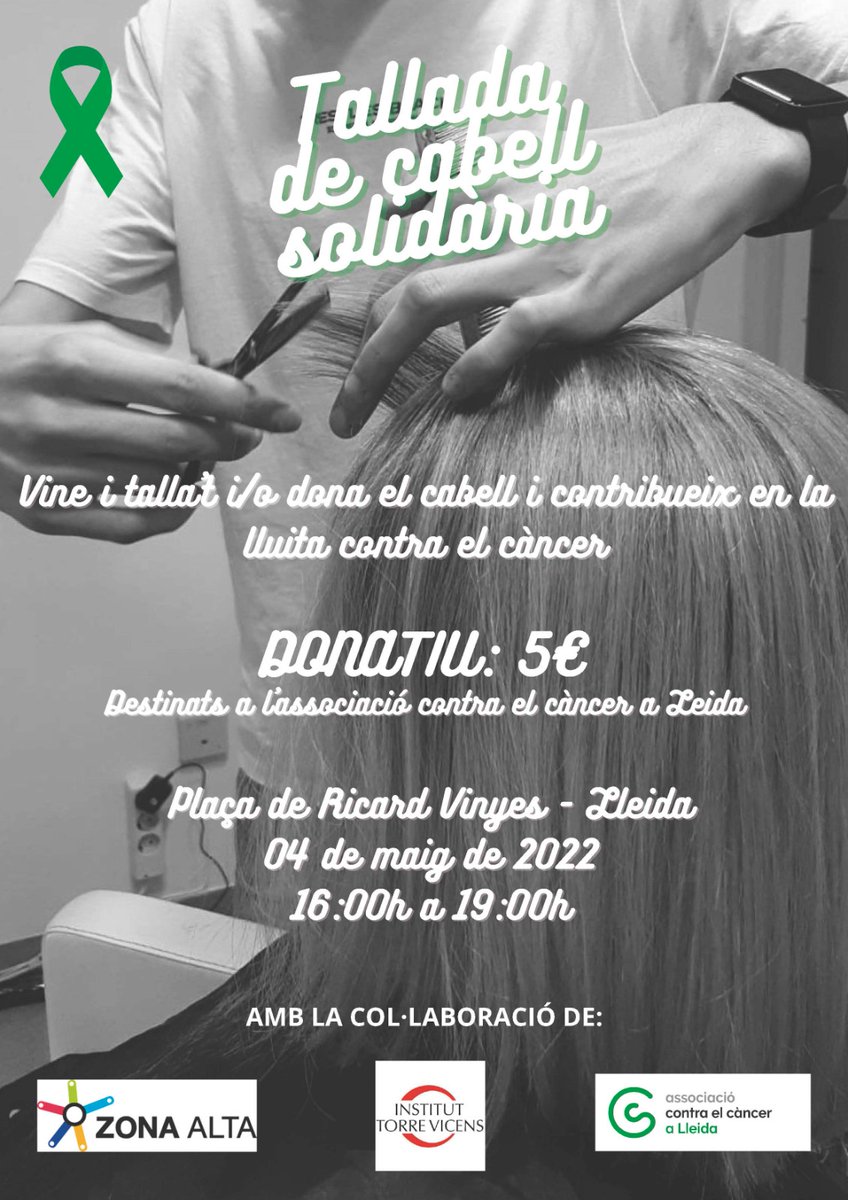 📆El pròxim 4 de maig l'alumnat de 2n d'Estilisme i direcció de perruqueria de l'Institut Torre Vicens realitzarà una tallada de cabells solidària a favor de l'associació <a href="/ContraCancerLLE/">Associació Contra el Càncer LLEIDA</a>.💇🏼‍♂️ La recaptació anirà íntegra a l'AECC.

🕛16:00 a 19:00
📍Plaça Ricard Vinyes (Lleida)