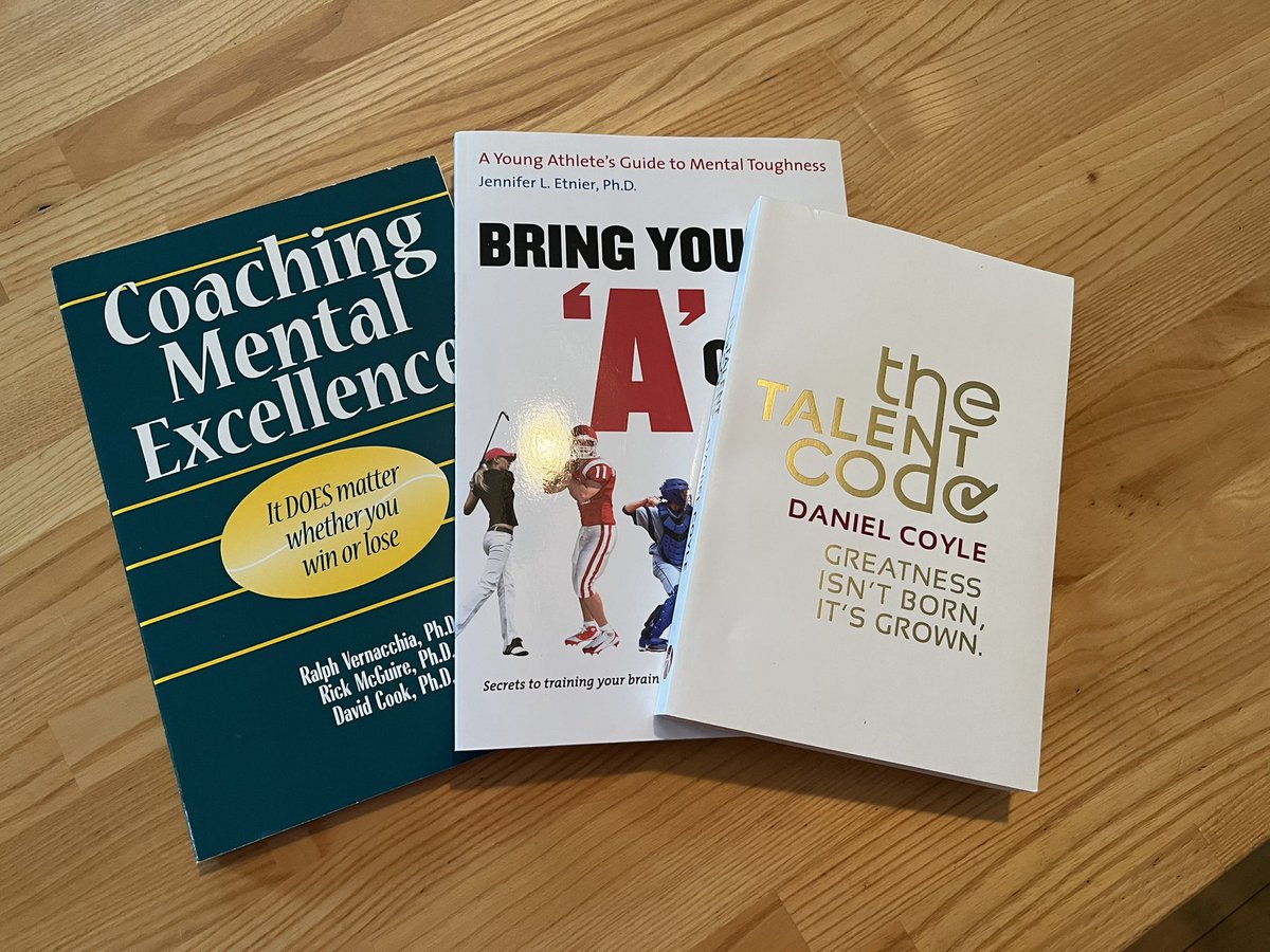 cescasupple's tweet photo. A few times a year I read. Actual books. These are the ones I have on repeat. What we learn as athletes can be applied to life, parenting, coaching, & personal growth. #thetalentcode, #bringyouragame, #mentalhealth. https://t.co/lAUJOdfLif