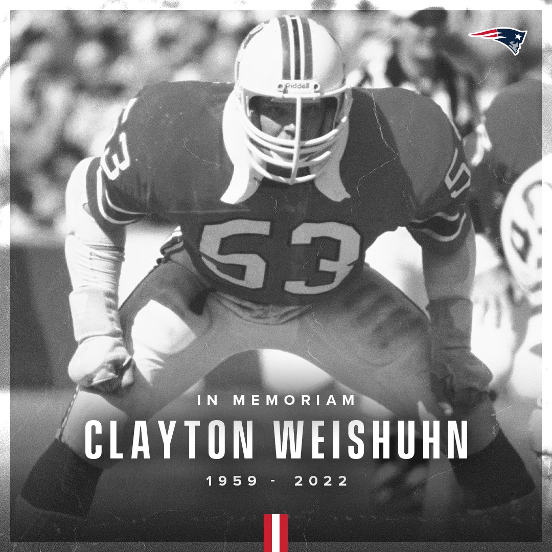 Patriots's tweet photo. We are deeply saddened to learn of the loss of former Patriots linebacker Clayton Weishuhn: https://t.co/J0gHKog7dB