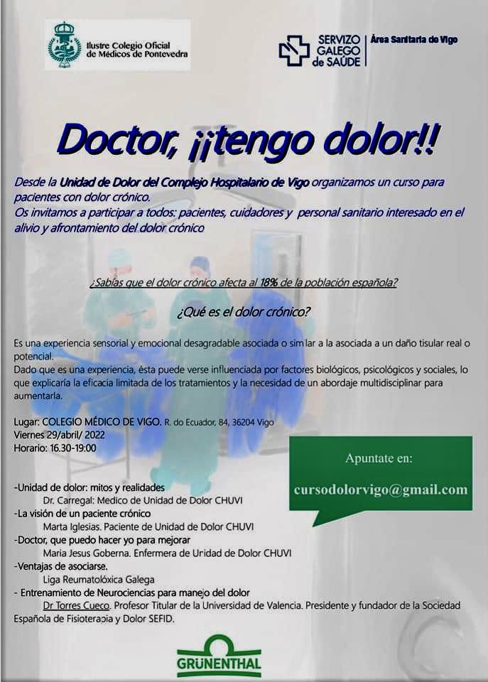 Este viernes en el Colegio de  Médicos de Vigo 
Charla coloquio de dolor crónico 
Para todos aquellos interesados
Animaros !!! 
16:30 a 19:00
@dolorvigo @sergas @areasanitariavigo <a href="/VigoNoticias/">VigoNoticias</a> <a href="/Farodevigo/">Faro de Vigo</a>  <a href="/queverenvigo/">Que ver en Vigo</a> <a href="/AtlanticoDiario/">Atlántico</a> <a href="/quehacerenvigo/">¿Qué hacer en Vigo?</a> <a href="/NoticiasdeVigo/">Noticias Vigo</a> <a href="/vigoocio/">vigoocio</a>