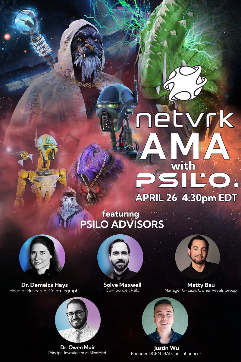 MultimediaNFT's tweet photo. Join us tomorrow 4/26/22 at 4:30 EST as we talk #Psilo, #NFTs, &amp; the #metaverse w/ Dr. Demelza Hayes from @Cointelegraph, @SolveMaxwell co-founder of @PsiloNFT, Matty Bau, @G_Eazy's mgr, Dr. Owen Muir of @mindmedco, and Justin Wu founder of @DcentralCon!

https://t.co/kZLk7JLSTv https://t.co/CxPjpywPTx