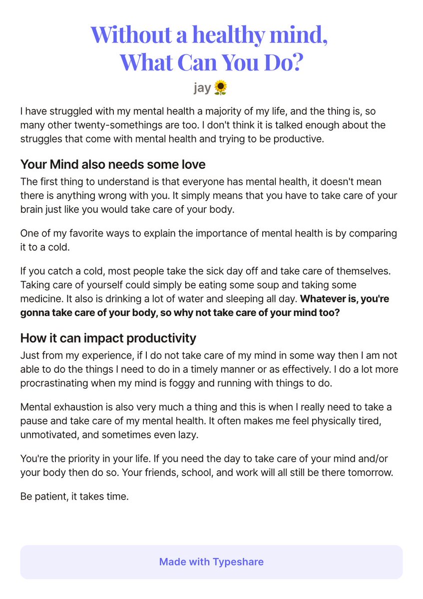 hxyjayy's tweet photo. Mental Health is so important for success and being productive, take care of yourself(: https://t.co/doDBz6iuKG