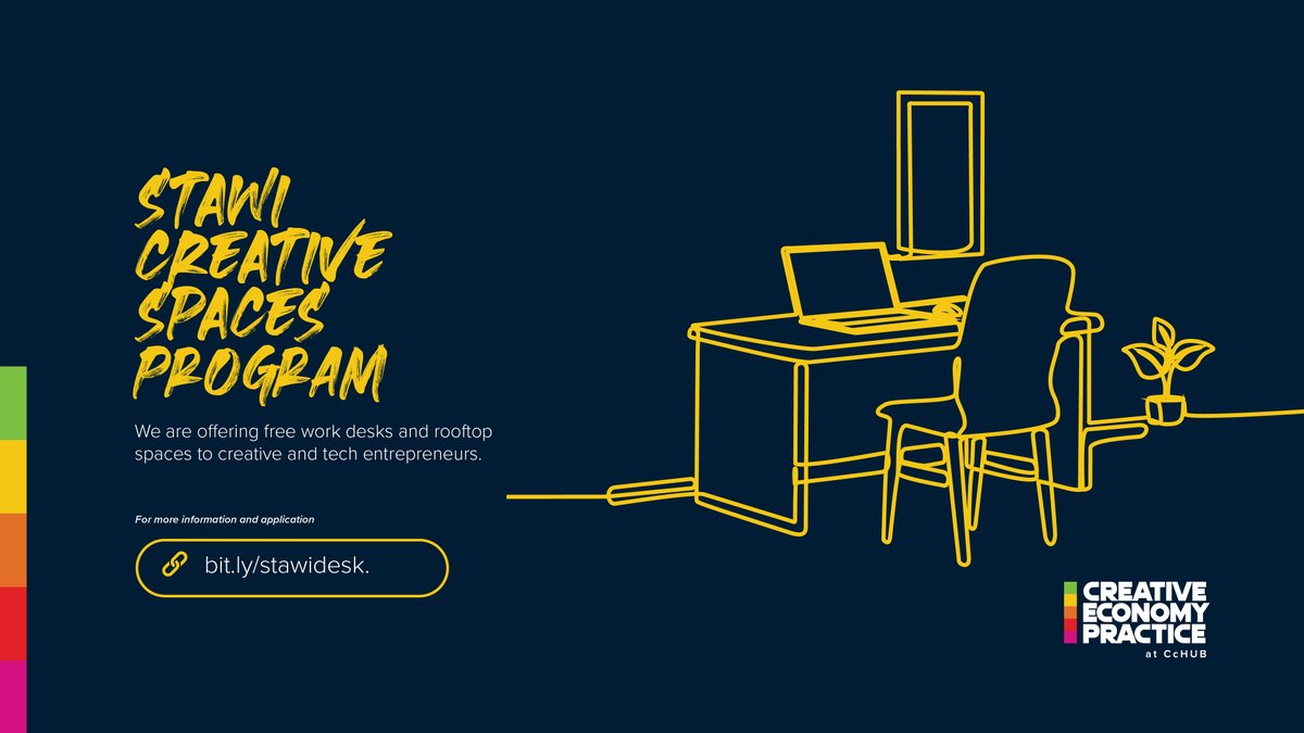 CcHUBCreative's tweet photo. We are offering complimentary work and event space to #CreativeEconomy professionals, entrepreneurs, and businesses to help them network and connect with ecosystems across Africa.
Learn more about #Stawi Creative Spaces, and join the community here: https://t.co/AW5w8XWkmt https://t.co/dufuSu4UV1
