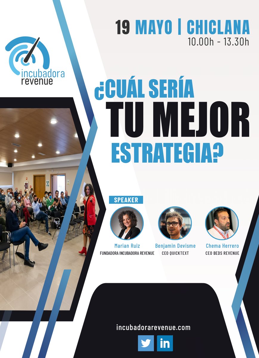 Por primera vez, en Chiclana de la Frontera, estrategias de revenue management para la venta directa de la mano de grandes conocidos y expertos en la materia. 19/05 de 10.00 a 13.30 ✍️
Código promocional sólo las 10 primeras plazas: INCUBADORAREVENUE
bit.ly/RevenueChiclana