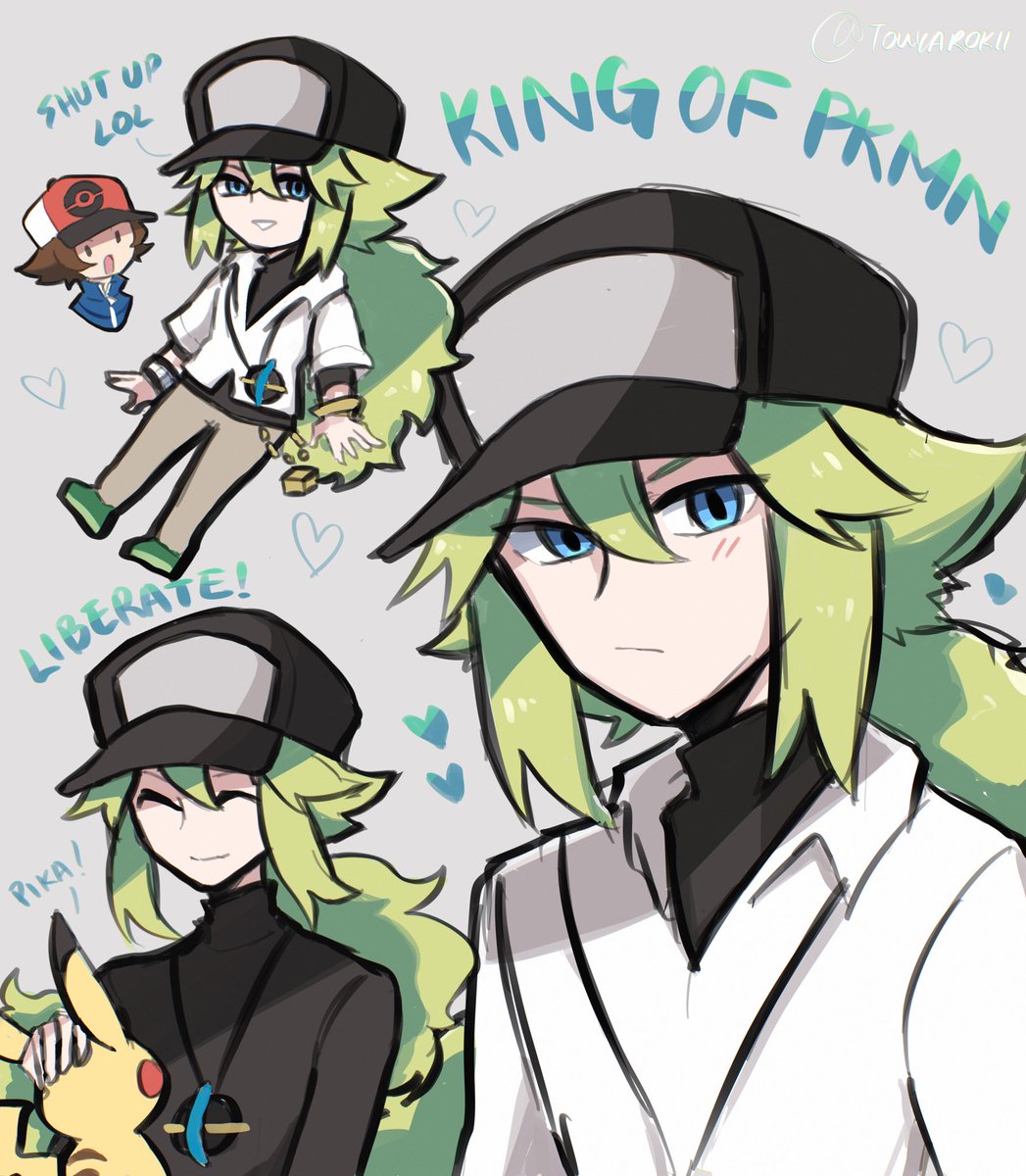 hilbert (pokemon) ,n (pokemon) hat pokemon (creature) baseball cap male focus shirt green hair smile  illustration images