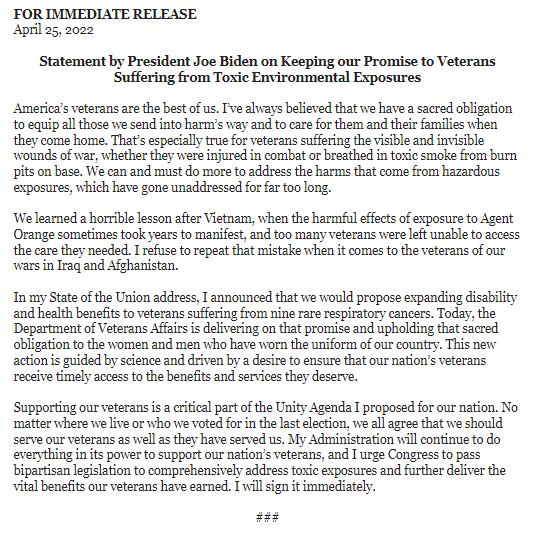 LeoShane's tweet photo. Here's the full White House statement on the announcement: "[After Vietnam] too many veterans were left unable to access the care they needed. I refuse to repeat that mistake when it comes to the veterans of our wars in Iraq and Afghanistan." https://t.co/ilxxfxu9F3