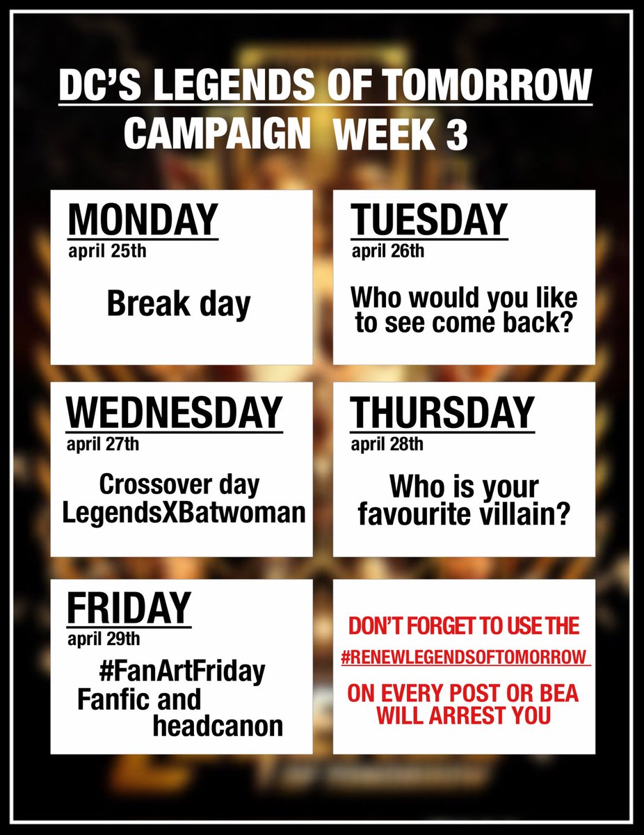 WEEK 3 SCHEDULE 📢📢📢

🔸Weekends and this Monday are breakdays. There is not an specific theme but you can (and should 😉) keep sharing the hashtag!
🔸LegendsXBatwoman day: we are gonna use both hashtags to help these two beautiful shows

#RenewLegendsOftomorrow
#RenewBatwoman