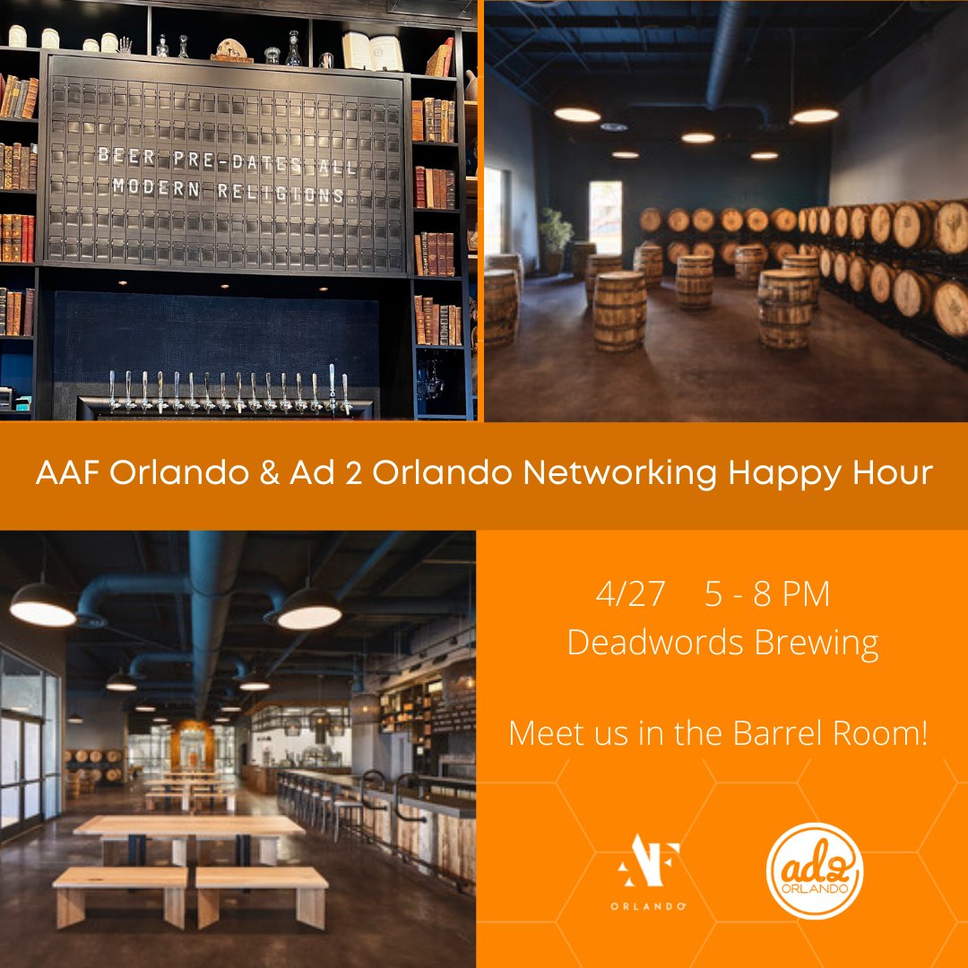Here's a sneak peak of what you'll be seeing at the AAF Orlando &amp; <a href="/Ad2Orlando/">Ad 2 Orlando</a> Networking Happy Hour! 👀

We'll be in the Barrel Room at Deadwords Brewing Company Wednesday from 5 - 8 p.m., and we hope you'll be there, too! 😎 

Register for free: bit.ly/AAF-Ad2-Orland…
