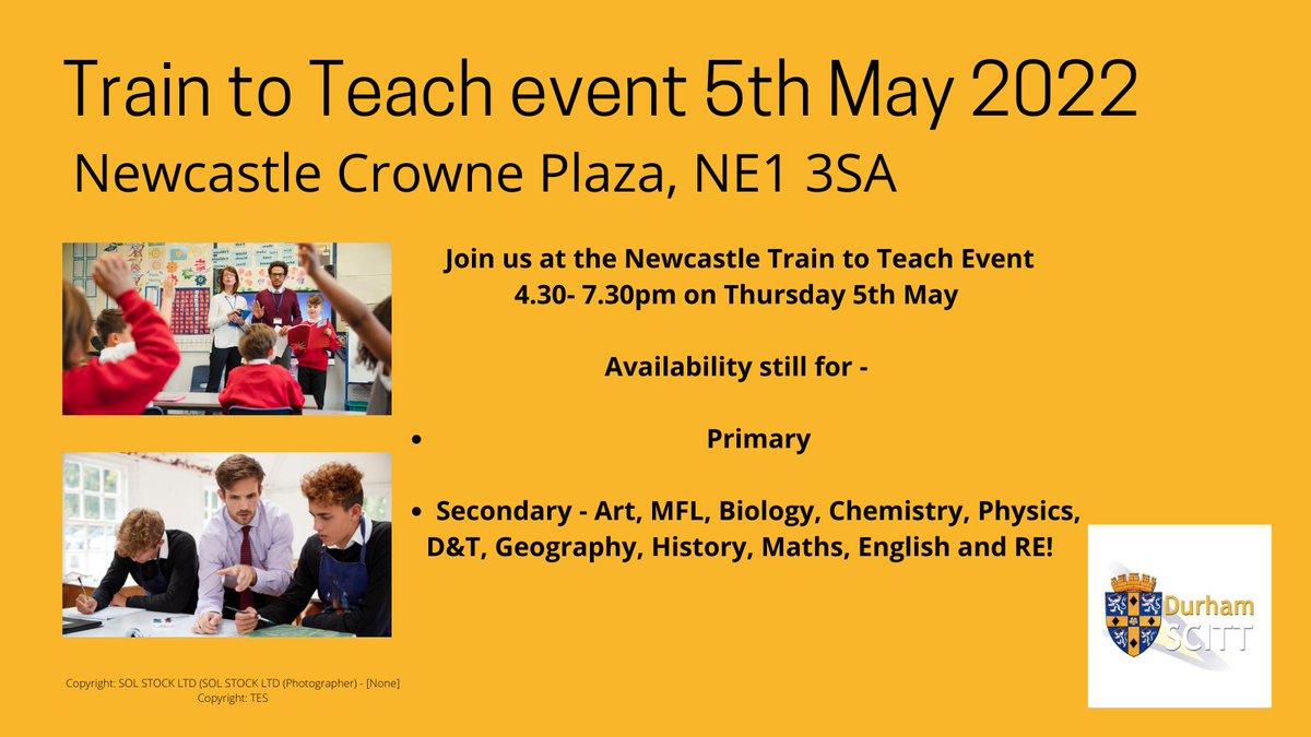 DurhamSCITT's tweet photo. Join us at the @getintoteaching event on Thursday 5th May at the @CrownePlazaNCL 4.30-7.30pm! #getintoteaching #scitt #teachertraining https://t.co/mA04tE8Qto