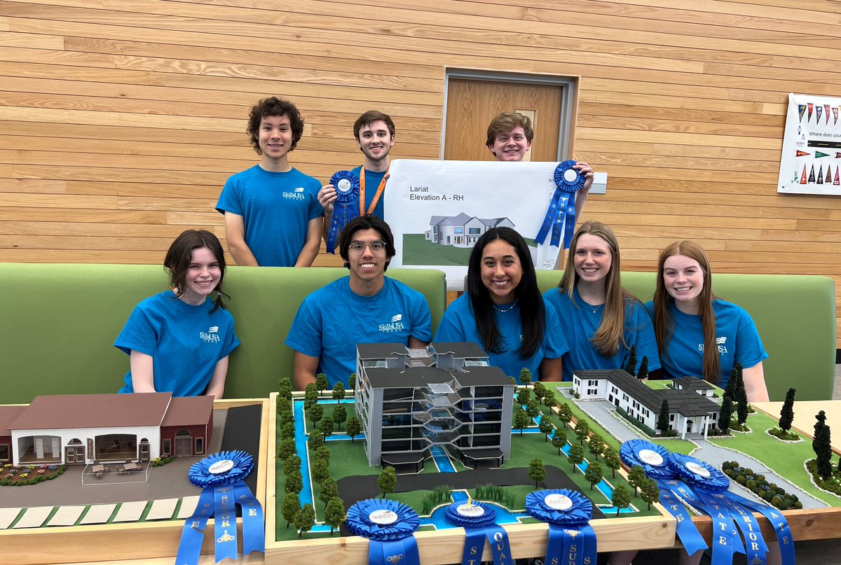 Congratulations to our Architectural Design students who recently competed in the 2022 SKILLS USA State Competition. 
All eight students received the highest award which is a “Superior Blue Ribbon Rating” for their portfolios, models and architectural drafting.