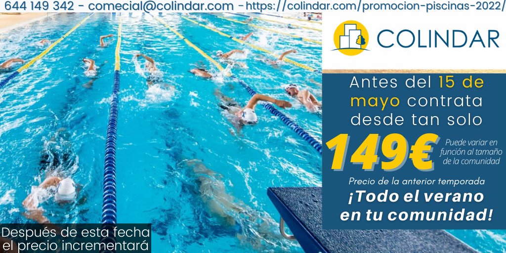 ¿Preparando tu piscina para verano? 🌊 Aprovecha y contrata antes del 15 de mayo ¡Te guardamos el precio del año pasado!

colindar.com/promocion-pisc…

#piscinacomunitaria #comunidaddevecinos #ofertadelasemana