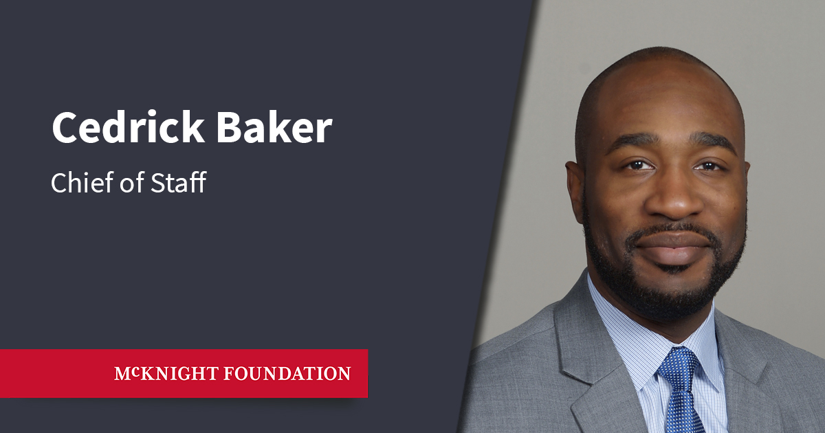 We're pleased to announce <a href="/CedrickFBaker/">Cedrick Baker</a> will join McKnight as chief of staff on May 16. An inspiring leader and systems thinker, Cedrick will be a key strategic advisor to <a href="/allen_tonya/">Tonya Allen</a> and align enterprise-level work to advance our mission. Learn more: mcknight.org/news-ideas/mck…
