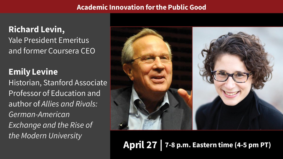 DukeLearning's tweet photo. Join us on Zoom this Wed at 7 pm EDT for the next installment of the author-interview series Academic Innovation #ForthePublicGood featuring @emilyjlevine of @StanfordEd &amp; @Yale President Emeritus Richard Levin. Open to the public, registration required: https://t.co/cRRxPxaMdE https://t.co/DtGFRhOKMF