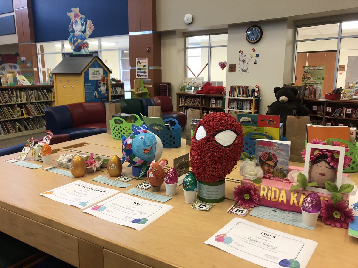 Library_SBE's tweet photo. The winners have been announced for the 2022 @SBEBears Character Egg Decorating Contest. We had over 450 votes! Special congratulations to Ms. López for winning the highly coveted Teacher/Staff Award with Rainbow Fish! https://t.co/cgoILL1pJk