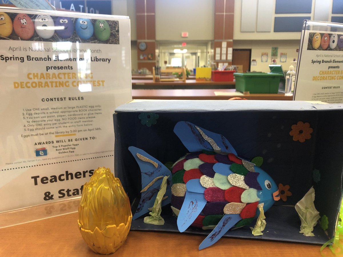 Library_SBE's tweet photo. The winners have been announced for the 2022 @SBEBears Character Egg Decorating Contest. We had over 450 votes! Special congratulations to Ms. López for winning the highly coveted Teacher/Staff Award with Rainbow Fish! https://t.co/cgoILL1pJk