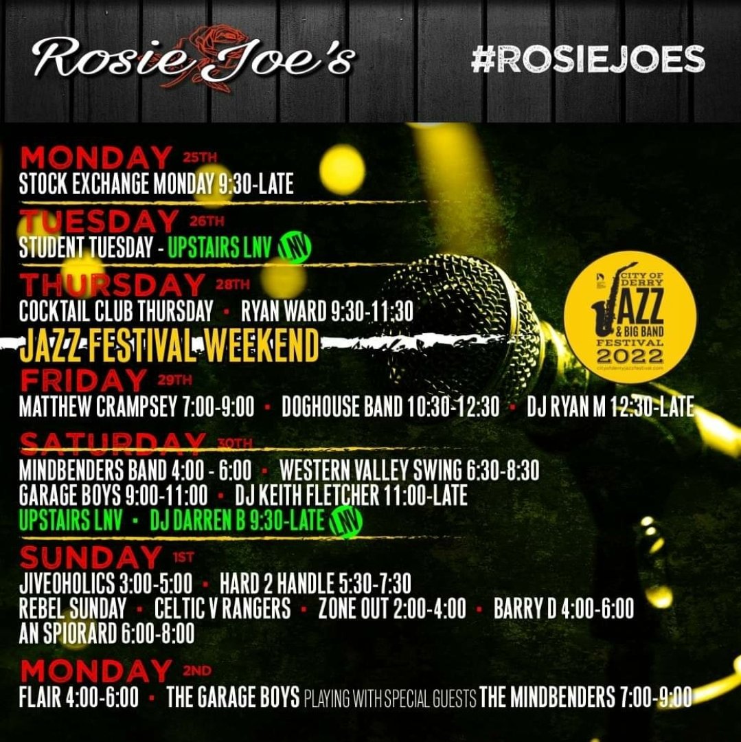 RosieJoesDerry's tweet photo. This weeks line up #rosiejoes #waterloostreet #Jazz #derry https://t.co/EJoe4LTcr6