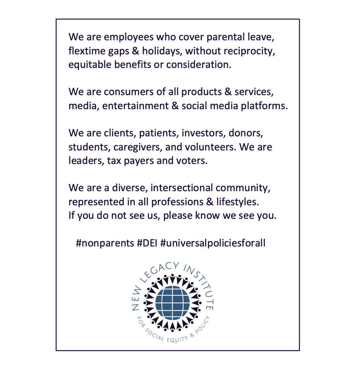 NLInstitute's tweet photo. #childless #childfree #childlessbycircumstance #CNBC #childfreebychoice #universalpaidleave
#chosenfamilyequity #chosenfamilybenefits #chosenfamilybeneficiaries
#DEI #DEIB #universalpoliciesforall https://t.co/pHl26xuHDw
