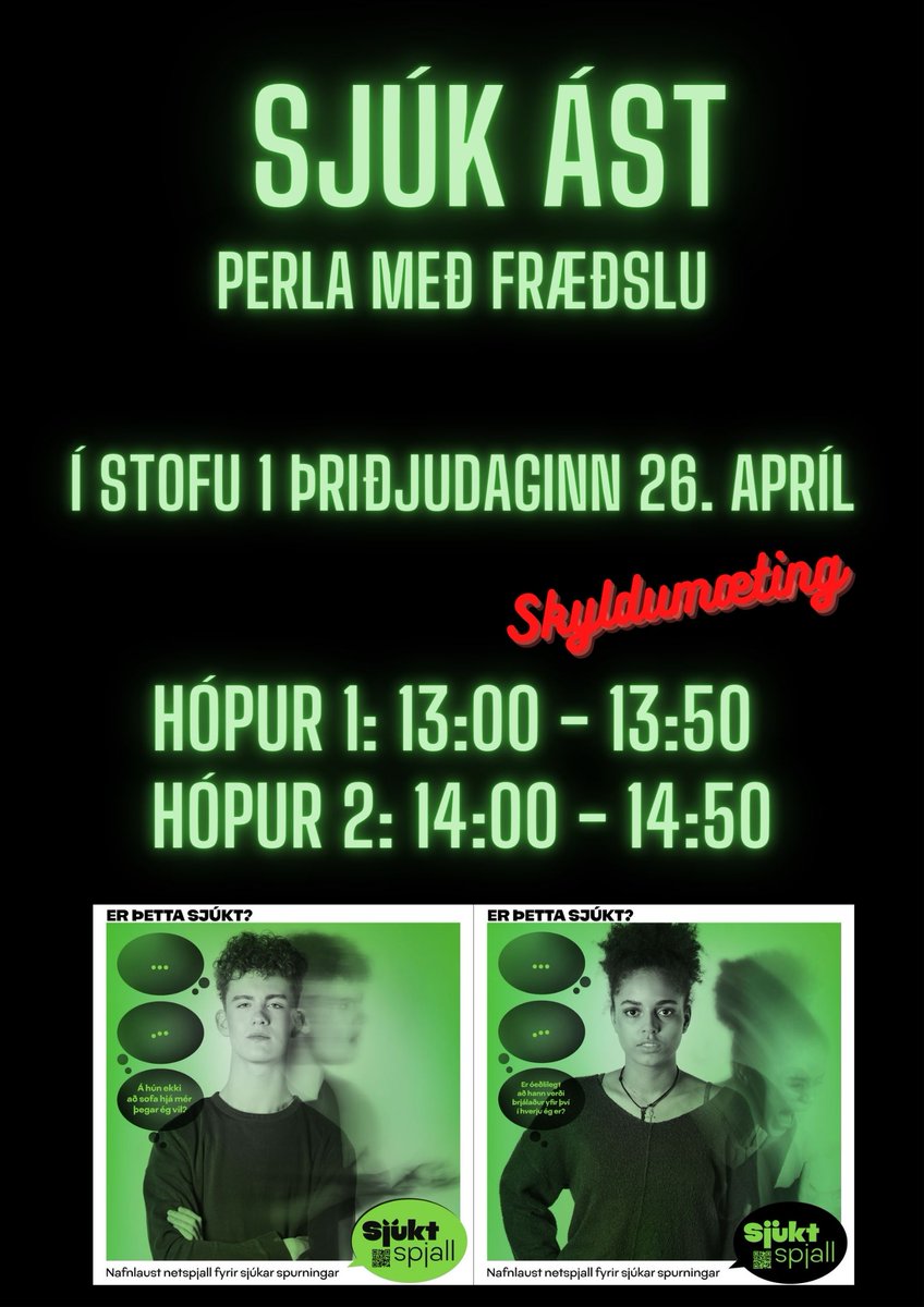 Á morgun, þriðjudaginn 26. apríl, fáum við kynningu um Sjúka ást. Kynningin verður í stofu 1 og er nemendum skipt í 2 hópa. Fyrri hópurinn er frá 13:00-13:50 og seinni hópurinn er frá 14:00-14:50.

#vaskólinnokkar #sjúkást