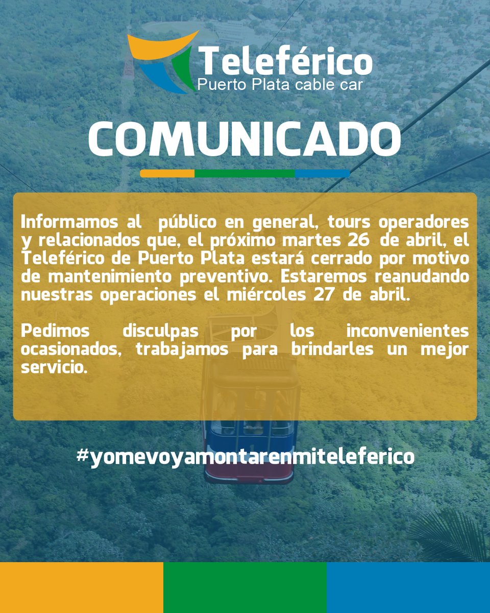 🚡🌳 🌹 🥀 🌺 🌸🌳🚡

| COMUNICADO

📸@telefericopuertoplata
⠀
¡𝘼𝙗𝙞𝙚𝙧𝙩𝙤 𝙔𝘼! | 𝙊𝙥𝙚𝙣 𝙉𝙊𝙒!

Esperamos su visita..

#telefericodepuertoplata #unicoenelcaribe #teleferico