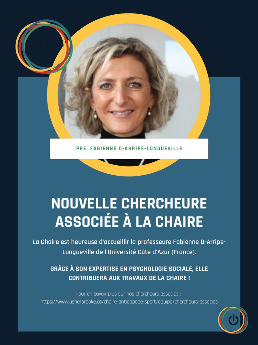 Nous avons le privilège d'annoncer que la professeure Fabienne D'Arripe-Longueville se joint à notre Chaire comme chercheure associée !