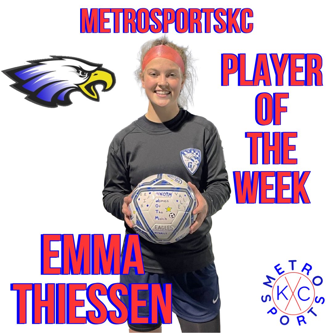 Congratulations to Emma Thiessen for winning this weeks MetroSportsKC Player of the Week!
<a href="/EJThiessen/">Emma Thiessen</a> <a href="/GV_Soccer/">Grain Valley Soccer</a>