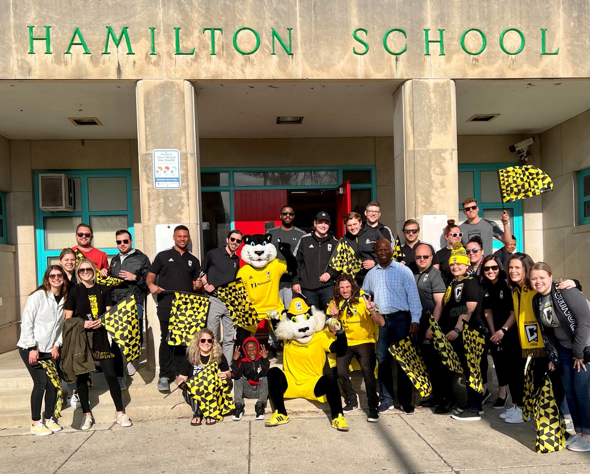 ColsCitySchools's tweet photo. To help celebrate the return from Spring Break, our friends from the @ColumbusCrew (including Crew Cat, SC, and @FrankieHejduk2) greeted students at Hamilton STEM Academy this morning. Let's all finish the year strong and make attendance a top goal! #OurCCS #crew96 https://t.co/02sJRASO0y