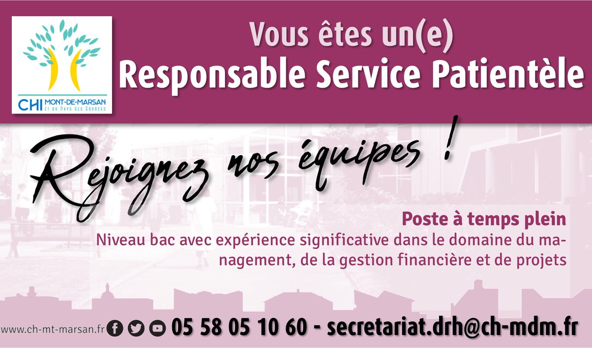 CH_MontdeMarsan's tweet photo. [🚨Offre d'emploi] Le Centre Hospitalier Intercommunal de Mont de Marsan - Pays des Sources (Landes - 40) 𝐫𝐞𝐜𝐫𝐮𝐭𝐞 𝐮𝐧(𝐞) 𝐑𝐞𝐬𝐩𝐨𝐧𝐬𝐚𝐛𝐥𝐞 𝐒𝐞𝐫𝐯𝐢𝐜𝐞 𝐏𝐚𝐭𝐢𝐞𝐧𝐭è𝐥𝐞 (𝐀𝐝𝐦𝐢𝐬𝐬𝐢𝐨𝐧𝐬 - 𝐅𝐫𝐚𝐢𝐬 𝐝𝐞 𝐒é𝐣𝐨𝐮𝐫𝐬)
https://t.co/HL0zLY6r2r https://t.co/LQXQmAjYBX