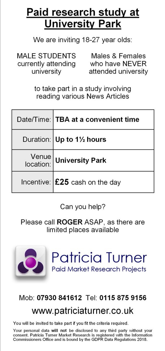 If anyone is near #Nottingham and is interested in taking part in a paid study (£25) that involves reading news articles please contact Roger using the details below! 

They're looking for participants aged between 18-27 years.

<a href="/notts_psych/">School of Psychology, University of Nottingham</a> @uonesrcdtp