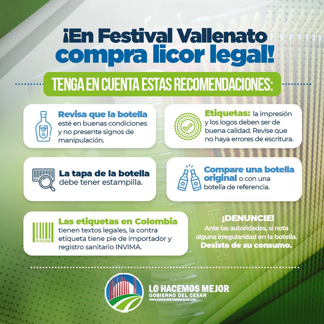 🪗¡Comienza el Festival Vallenato!🪗 Sigue estas recomendaciones para comprar licor legal y evitar poner en riesgo tu salud en la fiesta de acordeones.