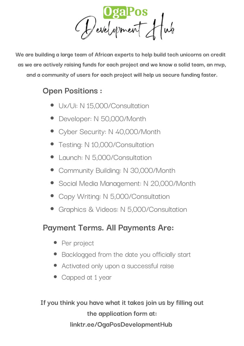 We are building an amazing team of tech specialists in #Nigeria with a simple goal "Building Tech Unicorns" at <a href="/OgaPosDevHub/">OgaPos Development Hub</a> 
Our projects are coming soon to an app store near you 😁 use the application form here: linktr.ee/OgaPosDevelopm… to apply if you've got the skills!