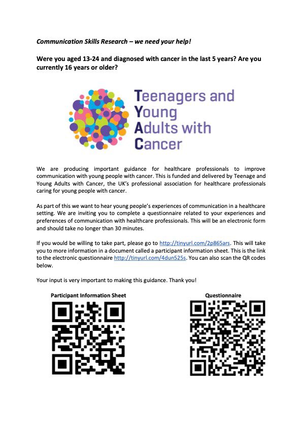 We are Developing a Good Practice Guideline on Communication for HCP’s. 
<a href="/TYACancerPro/">Teenagers and Young Adults with Cancer</a> <a href="/LukeAMSmith/">Luke Smith</a> 
If you work with TYAC please share widely. We need this survey to reach young people who have/have had cancer treatment. Patient voice is vital. Thank you
tinyurl.com/4dun525s