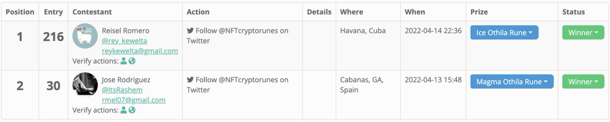 These are the winners. 

Please contact us so that we can send you the NFTs.

ICE OTHILA RUNE <a href="/rey_kewelta/">Reisel Romero</a> 

MAGMA OTHILA RUNE <a href="/ItsRashem/">rashem.ink</a>