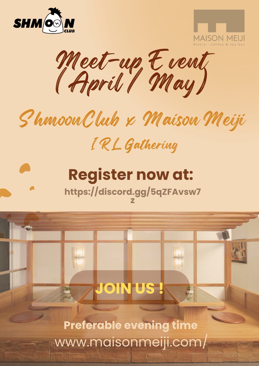 ShmoonClub's tweet photo. In celebration of the first perk in the club, we're planning an irl meetup for #shmoo holders at 🥣Maison Meiji, Hong Kong.
We've got a sponsor, but amount to be decided.😍

Vote for your favorite date🗓️now in the @shmoonclub discord now! 
See y'all soon !
#shmoon #NFTs @DROPPgg https://t.co/eKWB8HJ9hq