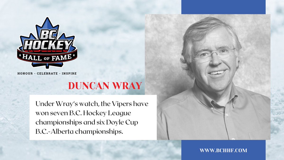 BCHHoF's tweet photo. THANK YOU to the BCHL @VernonVipers for sponsoring our Duncan Wray display case.

Under Wray‘s watch, the Vipers won seven B.C. Hockey League championships and six Doyle Cup B.C.-Alberta championships. https://t.co/h17HqfMevr