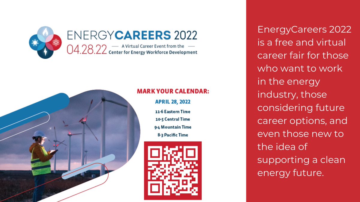 Energy Careers 2022 is a virtual career event from the Center for Energy Workforce Development being held on April 28. The event features an informative session, career fair, interactive workshops and community discussion forums. Learn more and register at GetIntoEngergy.org